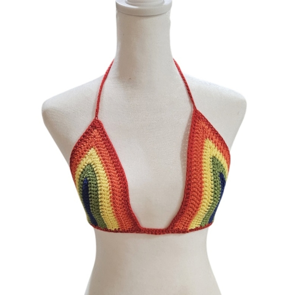 Handmade Crochet Crop-Top Rainbow Colors Deep V Swimming Cover-up top Colorful - Picture 7 of 17